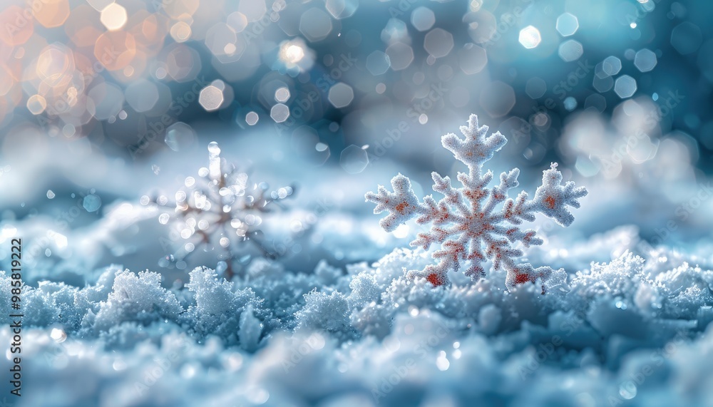 Close-up of a Snowflake on a Snowy Surface with Sparkling Lights in the Background Close-up of a Snowflake on a Snowy Surface with Sparkling Lights in the Background