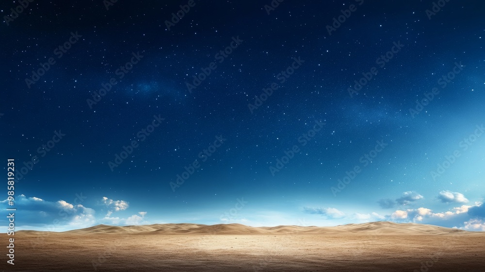 Fototapeta premium Horizon under starry night sky, clouds parting, quiet darkness.