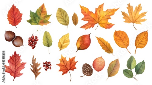 Set of autumn leaves clip art, vector illustration, white background, flat color, hand-drawn style, autumn colors