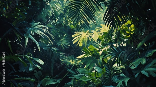 Lush Tropical Foliage in a Dark Forest Setting