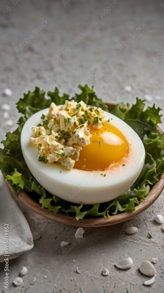Delicious hard boiled egg with yolk and filling on a bed of green kale Delicious hard boiled egg with yolk and filling on a bed of green kale