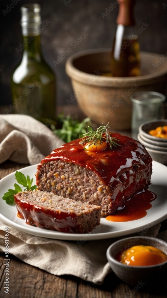 Delicious meatloaf with sauce and rosemary garnish. Dinner recipe for family and friends. Delicious meatloaf with sauce and rosemary garnish. Dinner recipe for family and friends.