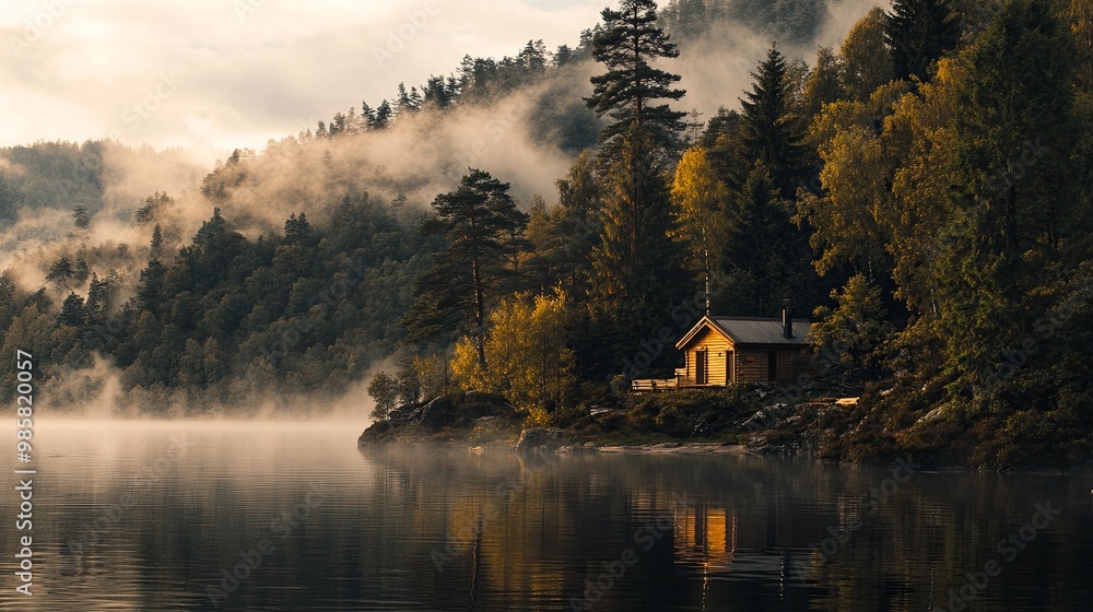 Fototapeta premium A serene lakeside cabin surrounded by misty mountains and autumn foliage, reflecting tranquility and nature's beauty.