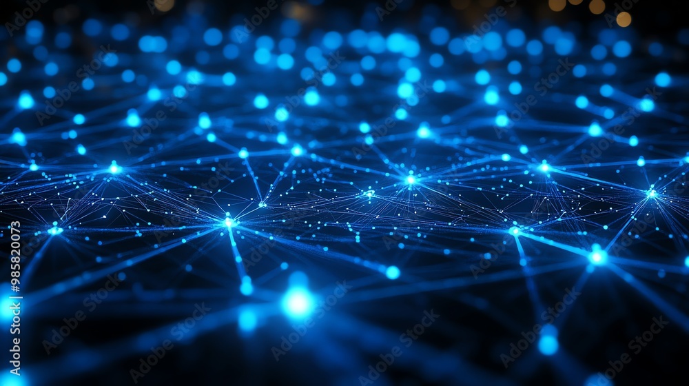 Abstract blue network with glowing lights, connected points, and lines on a dark background. Abstract blue network with glowing lights, connected points, and lines on a dark background.