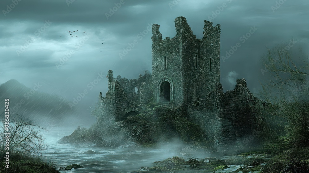 Fototapeta premium A Ruined Stone Castle on a Misty Riverbank
