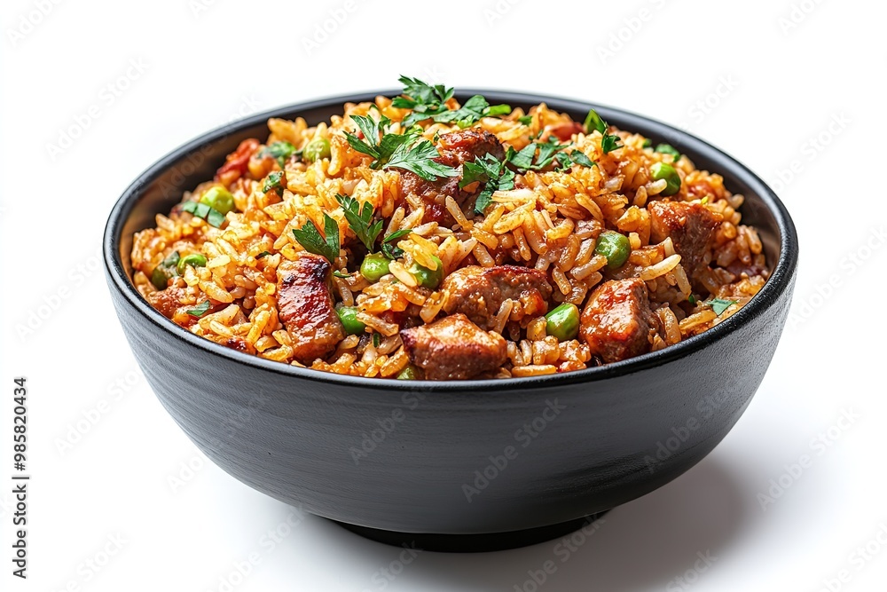 Rice dish jambalaya in a bowl, isolated against a white backdrop. Generative Ai Rice dish jambalaya in a bowl, isolated against a white backdrop. Generative Ai