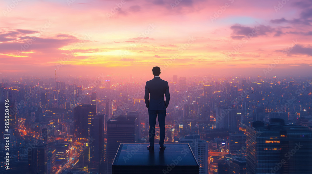 businessman in suit stands on skyscraper, gazing at vibrant sunset businessman in suit stands on skyscraper, gazing at vibrant sunset