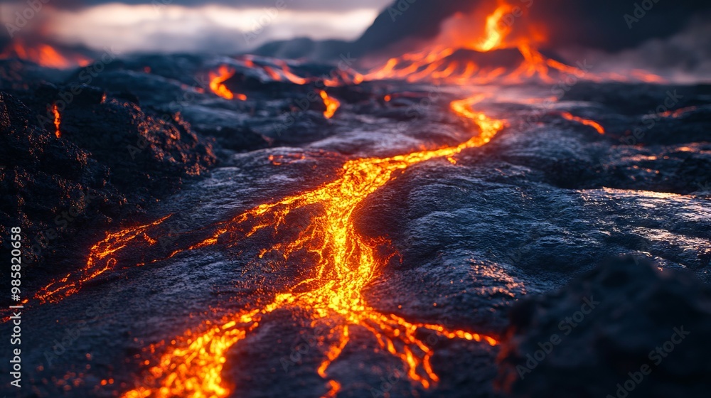 A lava flow flowing into the ocean from a volcano A lava flow flowing into the ocean from a volcano