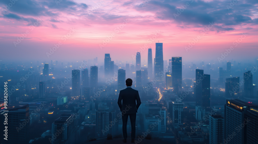 businessman standing on top of skyscraper, gazing at city skyline businessman standing on top of skyscraper, gazing at city skyline