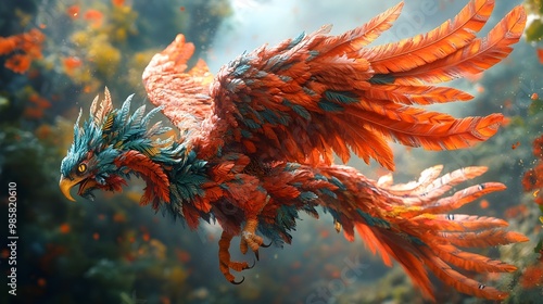 Vivid 3D Depiction of the Aztec Feathered Serpent God Quetzalcoatl Soaring Through Colorful Sky