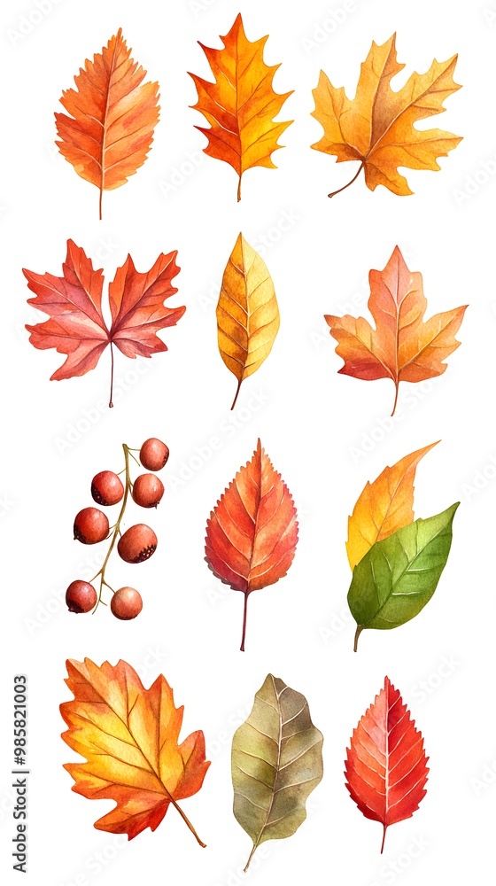 Fototapeta premium Set of autumn leaves clip art, vector illustration, white background, flat color, hand-drawn style, autumn colors