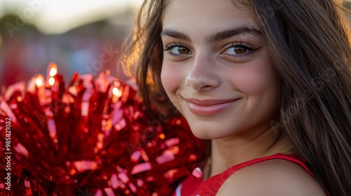 Close-up candid portrait of a high school cheerleader adjusting her pom-poms, getting ready to cheer for her team on the sidelines