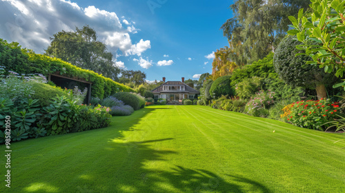 Beautiful Country House with Lush Green Garden and Blue Sky on a Sunny Day