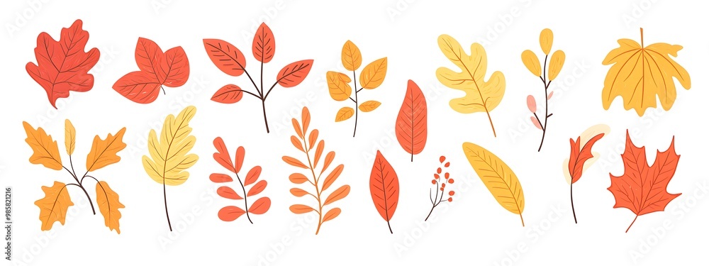 Set of autumn leaves clip art, vector illustration, white background, flat color, hand-drawn style, autumn colors Set of autumn leaves clip art, vector illustration, white background, flat color, hand-drawn style, autumn colors