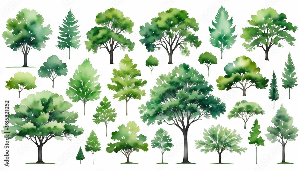 abstract white layout drawing watercolor tree olated collection view landscape background side environment green architecture garden elements tree isolated green nature leaf white plant tree branch