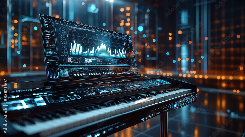 a photostock image of a high-end digital piano with augmented reality, displaying key sensitivity, sound samples, and connectivity options in a music studio a photostock image of a high-end digital piano with augmented reality, displaying key sensitivity, sound samples, and connectivity options in a music studio