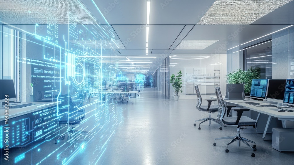 Fototapeta premium Futuristic Office Interior with Holographic Digital Data Projections