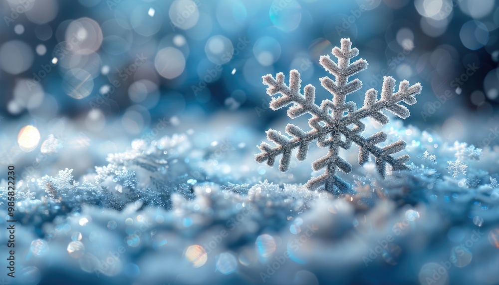 A Single Snowflake Resting on a Bed of Snow with a Blue and White Bokeh Background