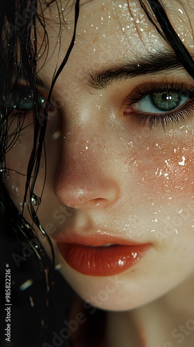 Close-Up Portrait of a Woman with Water Drops on Her Face