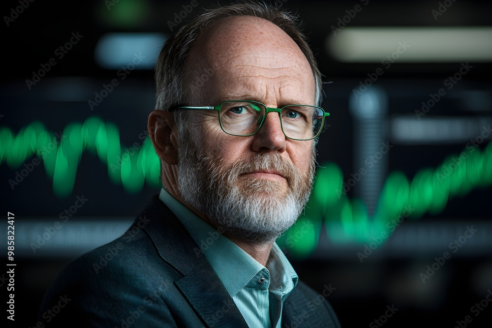 Analyzing Investment Impact - Business Executive in Soft Ambient Lighting with Green Accents on Dark Modern Backdrop Analyzing Investment Impact - Business Executive in Soft Ambient Lighting with Green Accents on Dark Modern Backdrop