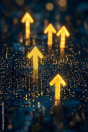 Illuminated Path of Investment Management: Glowing Arrows Soaring Against Dark Blue Background