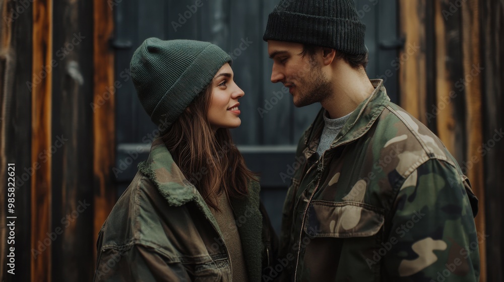 Young couple wearing beanies looking at each other and smiling outdoors in the city Young couple wearing beanies looking at each other and smiling outdoors in the city
