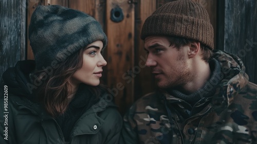 Young couple wearing winter clothes looking at each other in front of a wooden background