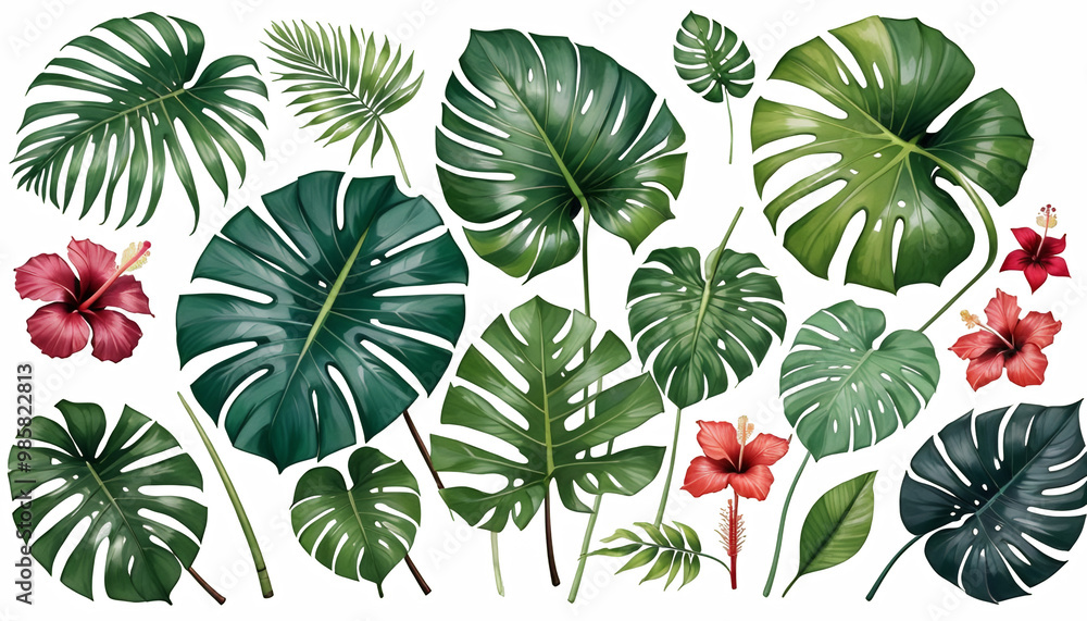 Fototapeta premium tropical realistic watercolor illustration palm green set foliage monstera botanical painted hand olated plants tropical white neanta leaves hibiscus flowers palm plant summer nature leaf tropical