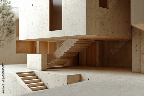 Concrete and Wood Modern Architecture with Stairs