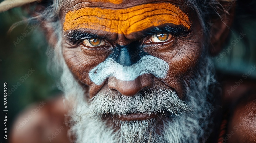 Close-Up Portrait of an Indigenous Man with Painted Face Close-Up Portrait of an Indigenous Man with Painted Face