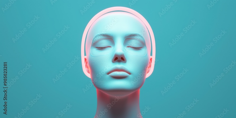 Futuristic mannequin head with neon light accents on turquoise background. Futuristic mannequin head with neon light accents on turquoise background.