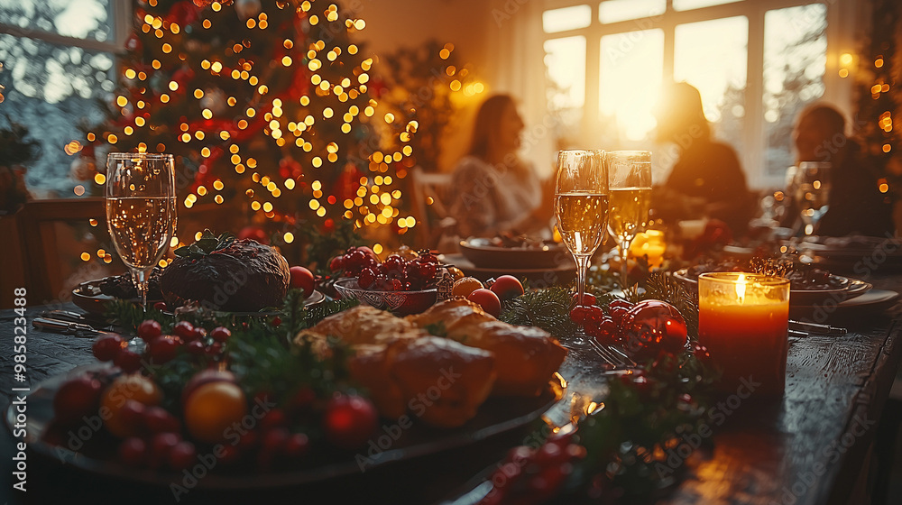 Table with food and Christmas decorations with a happy family gathered in the background for Christmas. Concept of family Christmas dinner or lunch. Table with food and Christmas decorations with a happy family gathered in the background for Christmas. Concept of family Christmas dinner or lunch.