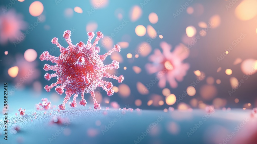 Obraz premium A vibrant graphic illustration of a virus particle replicating and spreading, showcasing the rapid contagion of infections.