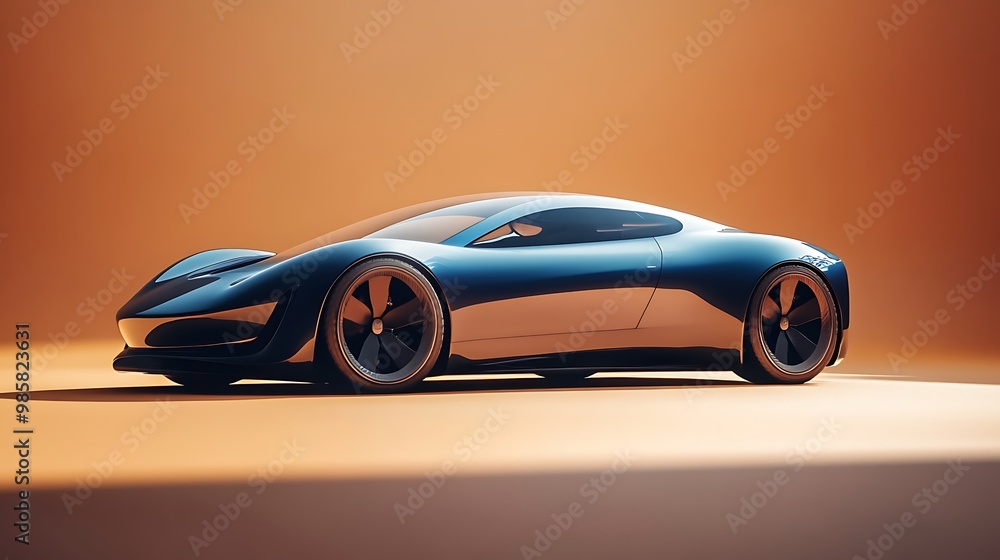 A futuristic, sleek, dark blue sports car sits on a light orange surface, its low profile and aerodynamic design emphasize speed and performance. A futuristic, sleek, dark blue sports car sits on a light orange surface, its low profile and aerodynamic design emphasize speed and performance.