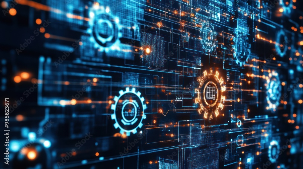 Fototapeta premium Abstract digital background with gears and code, glowing in blue and orange hues.