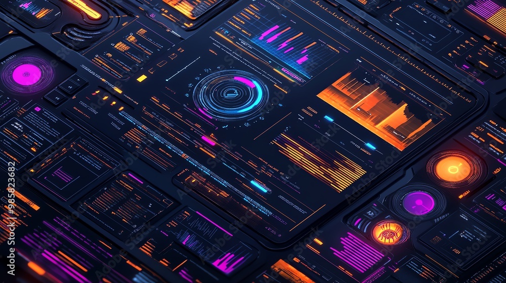 Abstract futuristic interface with digital elements in neon colors. Abstract futuristic interface with digital elements in neon colors.