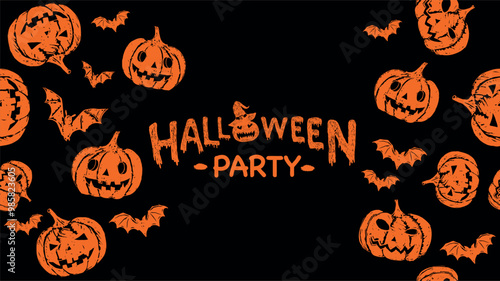 Halloween Party, pumpkin, bat, pattern on black background, hand drawn illustrations	
