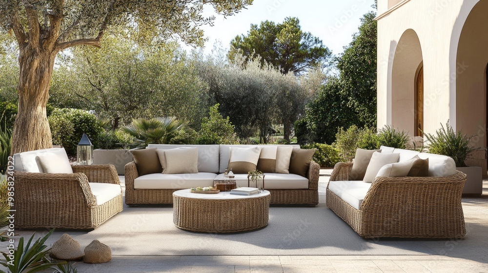 A stylish outdoor sofa set with soft cushions, perfect for lounging on a sunny day. A stylish outdoor sofa set with soft cushions, perfect for lounging on a sunny day.