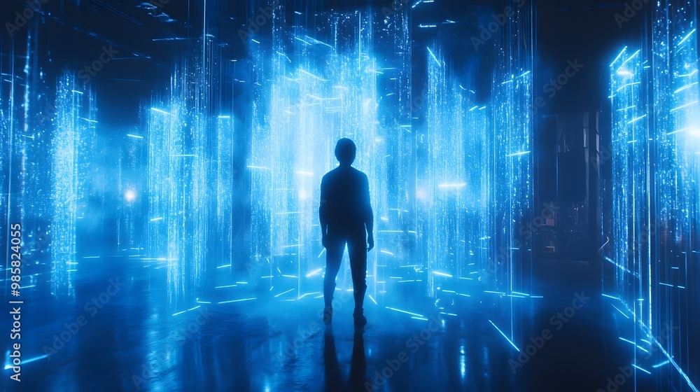 Silhouette of a Person Standing in a Futuristic Blue Light Installation Silhouette of a Person Standing in a Futuristic Blue Light Installation