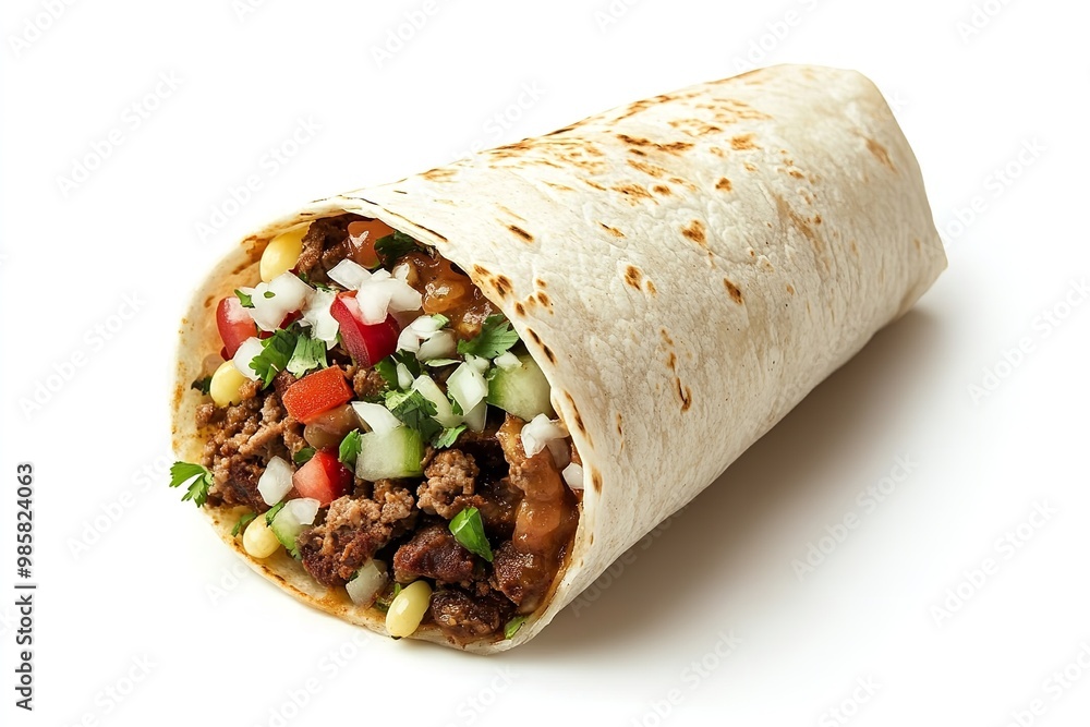 Full length, isolated side shot of a burrito on a white background. Generative Ai Full length, isolated side shot of a burrito on a white background. Generative Ai