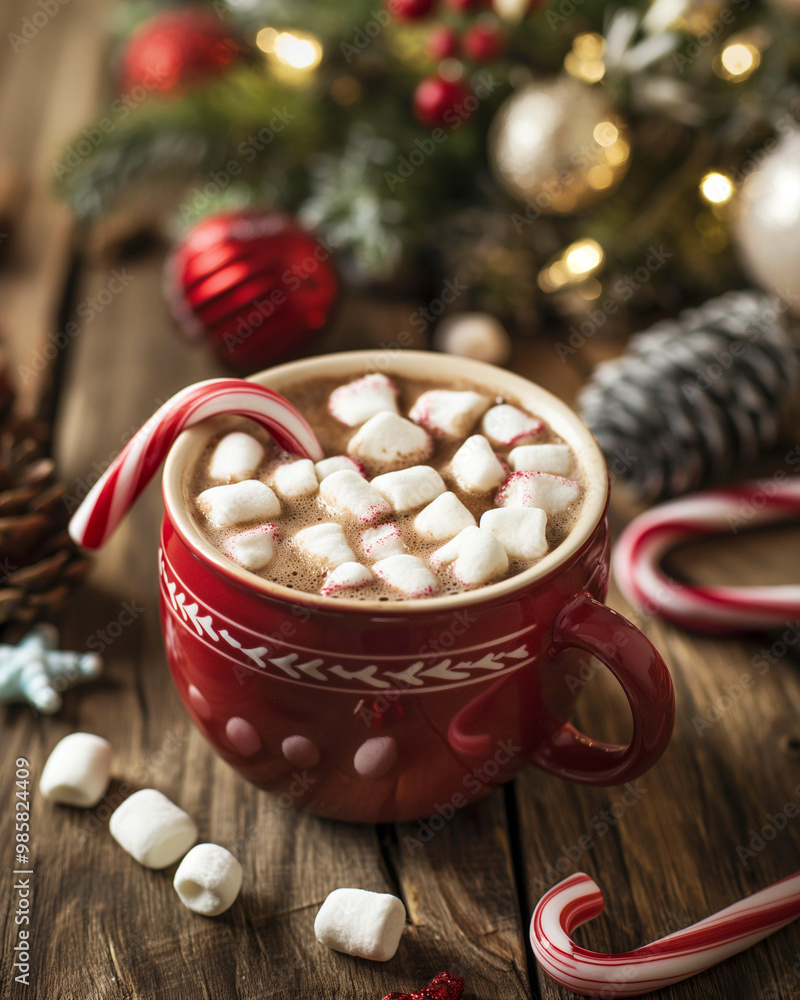 Warm mug of hot chocolate adorned with marshmallows and vibrant Christmas decor. Warm mug of hot chocolate adorned with marshmallows and vibrant Christmas decor.