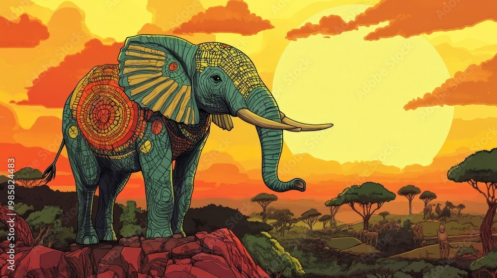 Fototapeta premium Ornate Elephant Standing on a Cliff at Sunset
