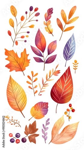 Set of autumn leaves clip art, vector illustration, white background, flat color, hand-drawn style, autumn colors