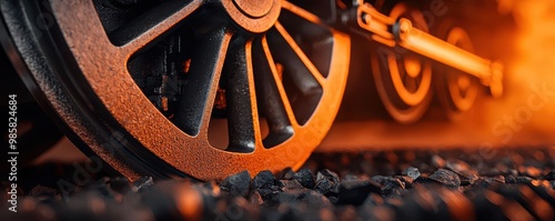 Closeup of a locomotive wheel, with steam hissing and metal parts gleaming, capturing the essence of early rail travel photo