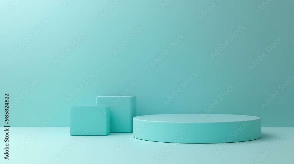 Minimalist design featuring two geometric shapes, square and circular platform, set against soothing turquoise background. This serene composition evokes sense of calm and simplicity Minimalist design featuring two geometric shapes, square and circular platform, set against soothing turquoise background. This serene composition evokes sense of calm and simplicity