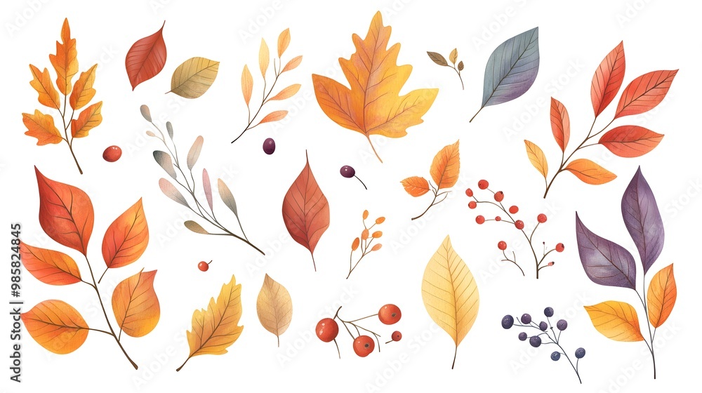 Set of autumn leaves clip art, vector illustration, white background, flat color, hand-drawn style, autumn colors Set of autumn leaves clip art, vector illustration, white background, flat color, hand-drawn style, autumn colors
