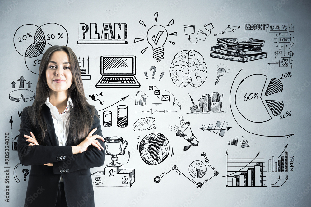 Confident Businesswoman in Office with Hand-Drawn Business Plan Sketches on Wall. Confident Businesswoman in Office with Hand-Drawn Business Plan Sketches on Wall.