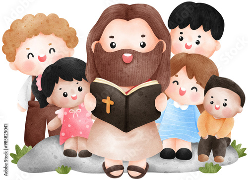 Cute cartoon character of Jesus reading the Bible with children, watercolor illustration.