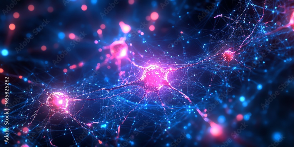 Abstract glowing network with pink and blue neurons connected by lines. Abstract glowing network with pink and blue neurons connected by lines.