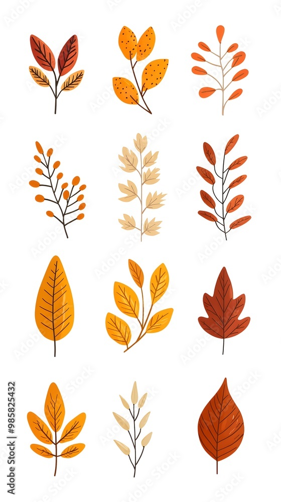 Set of autumn leaves clip art, vector illustration, white background, flat color, hand-drawn style, autumn colors Set of autumn leaves clip art, vector illustration, white background, flat color, hand-drawn style, autumn colors
